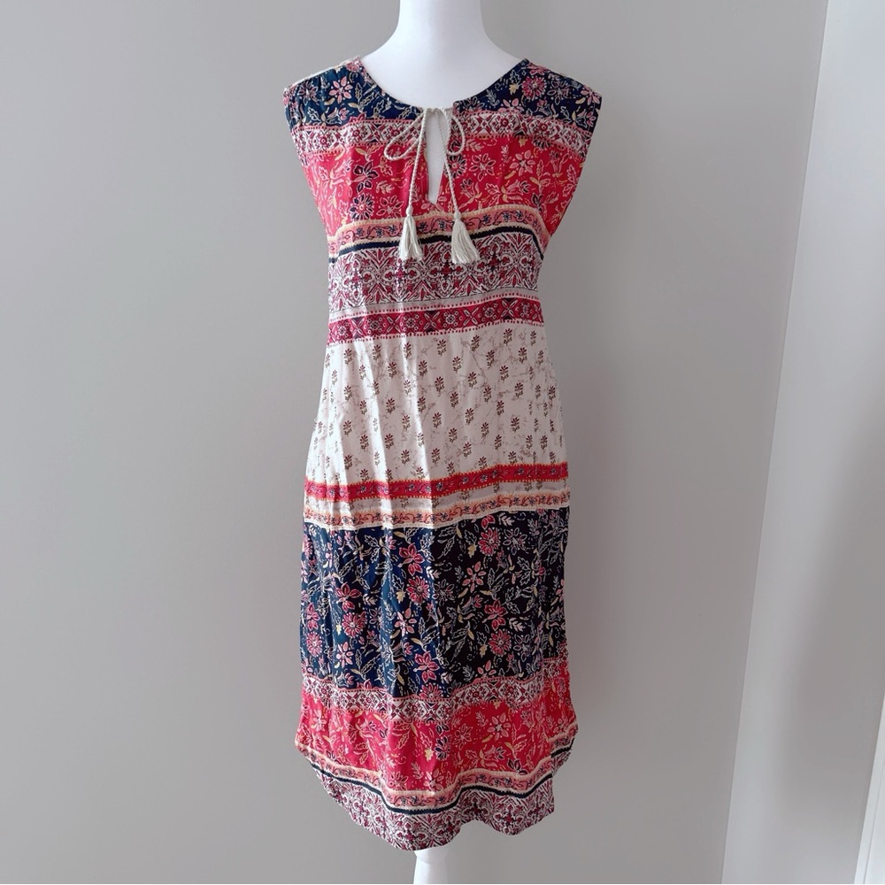 BLL Boho  Midi Dress – Tassel Tie Sleeveless Patchwork Floral Print, Size L